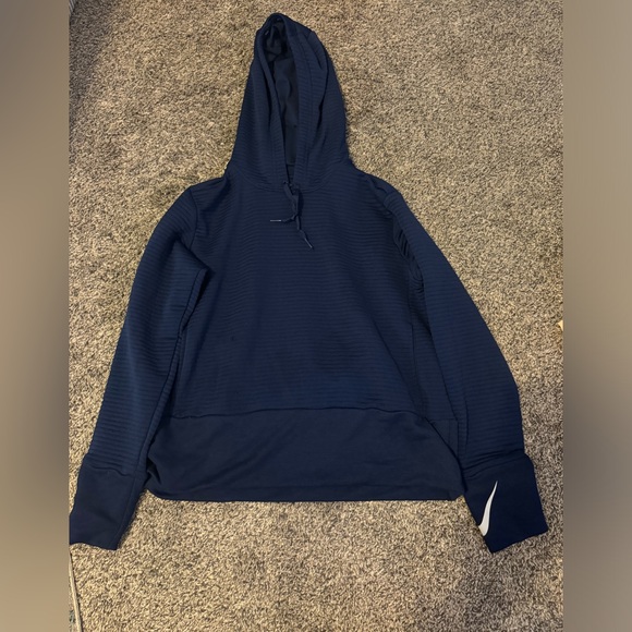 Nike Navy Royal Blue Ribbed Dri Fit Cropped Pullover Hoodie Medium White Swoosh - Picture 4 of 8